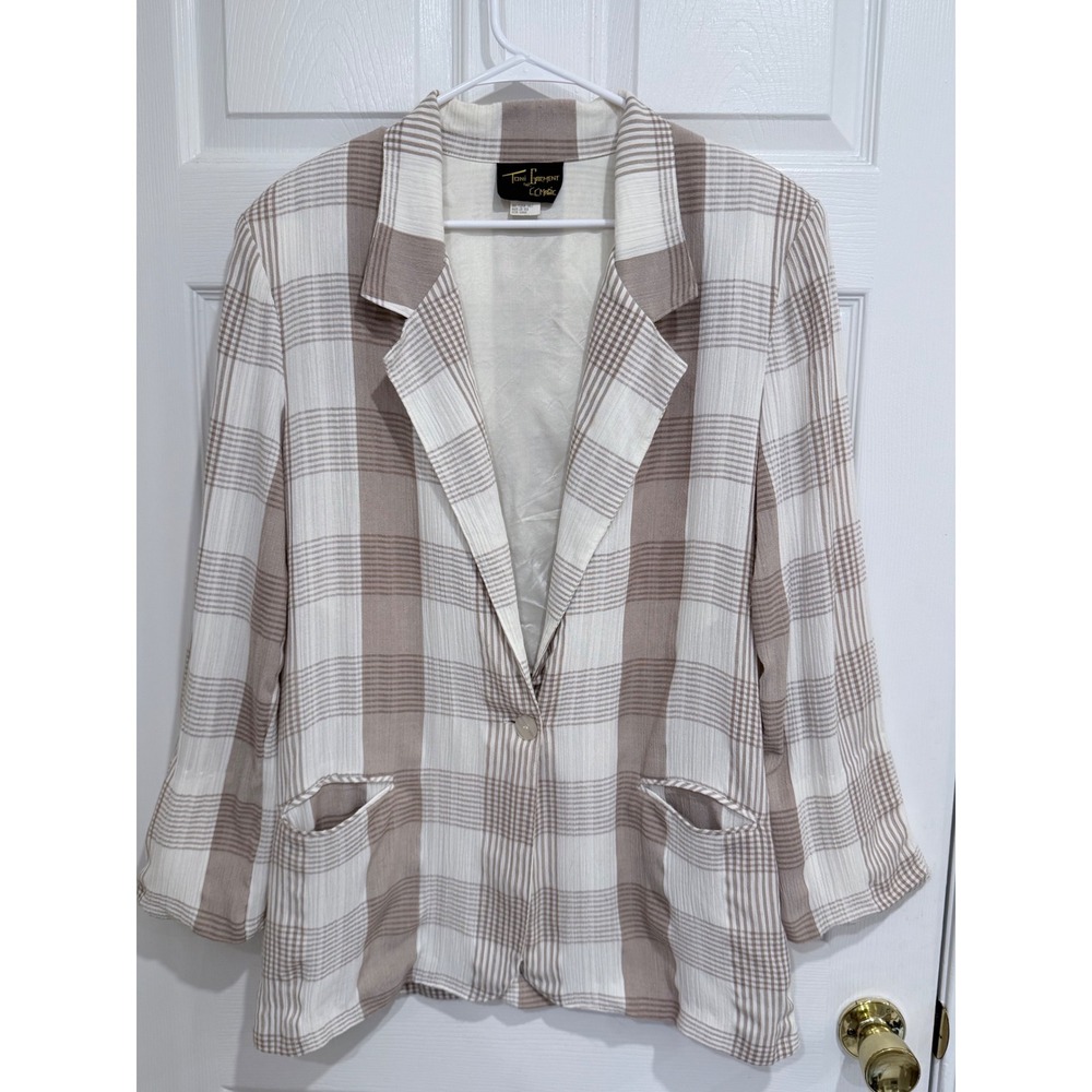 Vintage 80s Toni Garment for CC Magic Plaid Blazer Tan Cream USA Large 5508